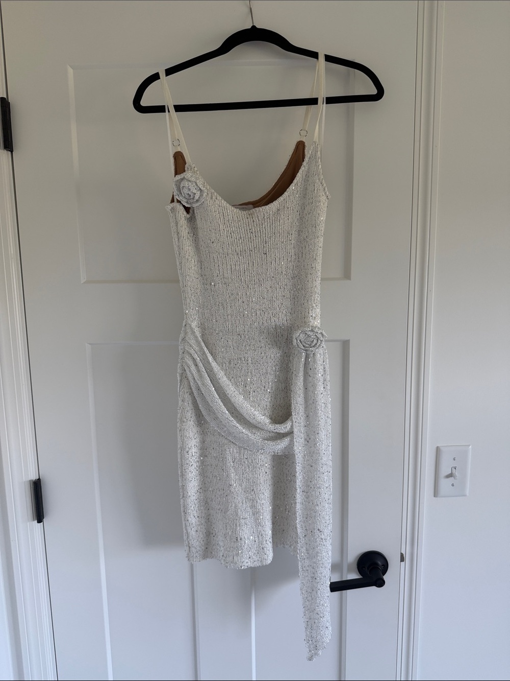 JLUXLABEL White Sequin Mini Slip Dress with Draped Rosette